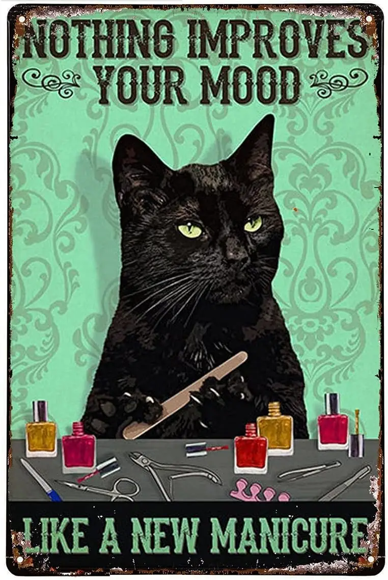 Plaque en métal - Décoration murale rétro - Plaque décorative pour technicien en ongles - Chat noir qui améliore votre humeur - Plaque vintage en métal pour boutique