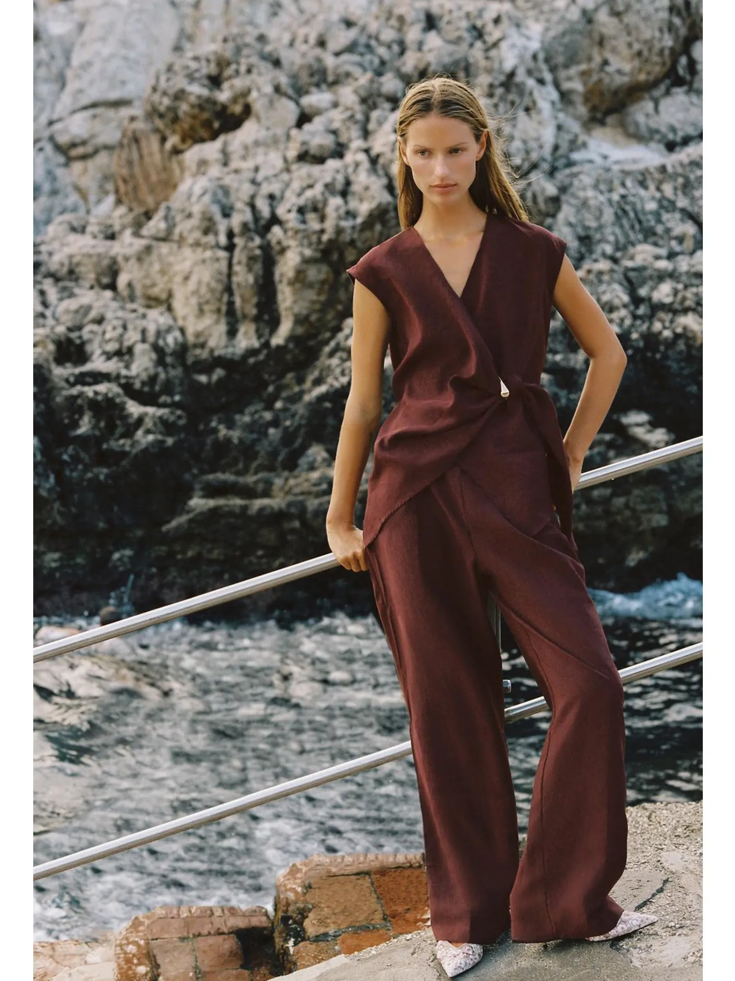 High Waist Casual Pocket Pleated Straight Leg Pants V Neck Sleeveless Double Breasted Top Women's Fashion Set Autumn Wear
