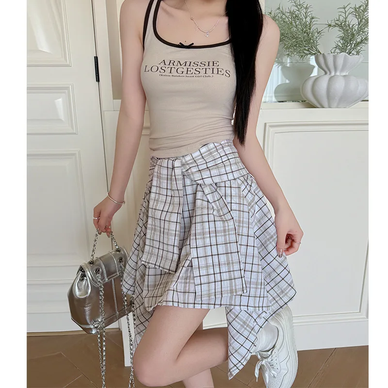 

Irregular Shirt Plaid Skirt Women Summer New High Waist Slimming College Style Short SkirtaWord Design Sense Half Skirt