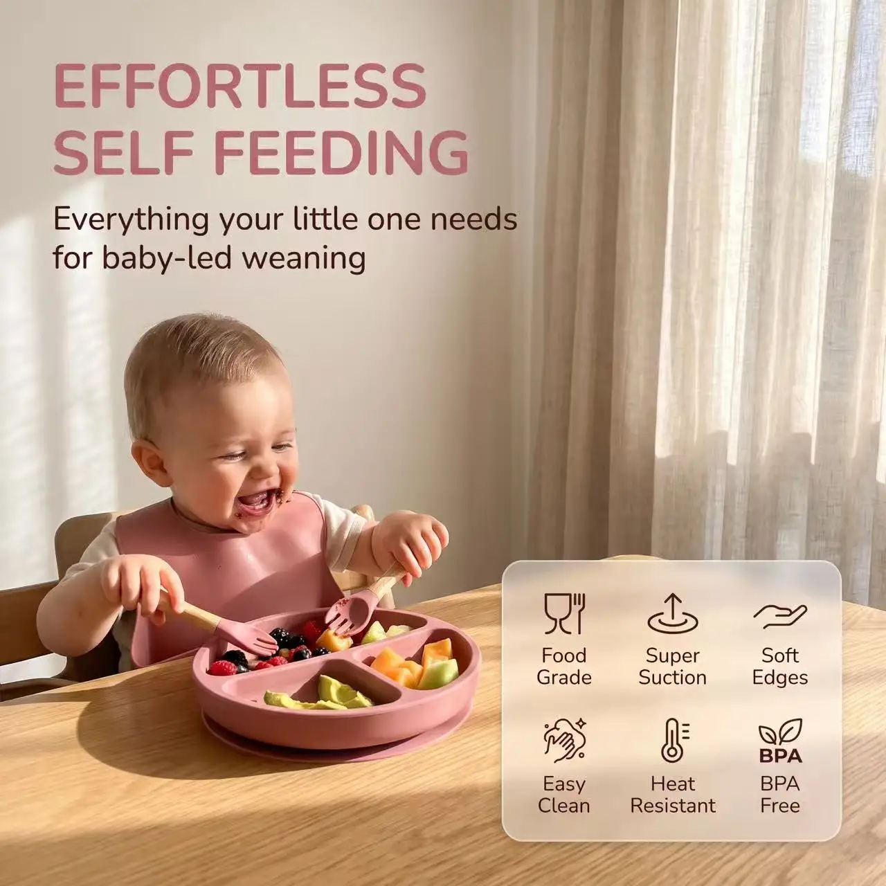 Baby Self Feeding Silicone Tableware Set with Anti-Drop Partition Plate Suction Cup Desktop Wooden Handle Spoon And Fork Easy to Clean Toddler Tools