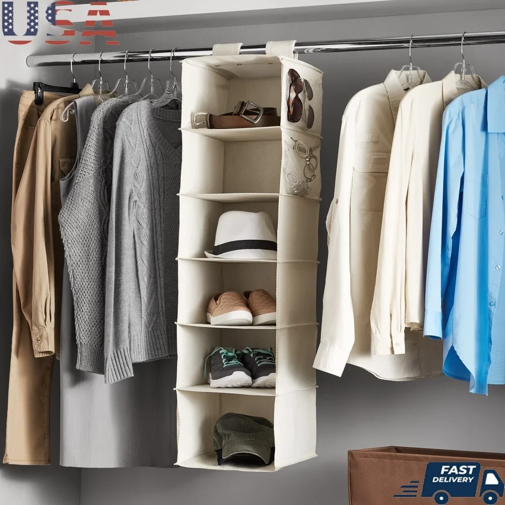 

6-Shelf Hanging Closet Organizer Durable Canvas Storage Solution Shoes Belts Scarves Hats Easy Installation Multipurpose Clothes