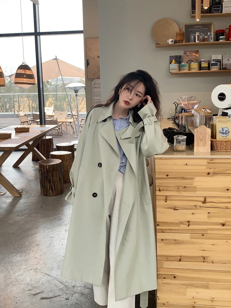 

Trench Coat Buttoned To The Top Woman Clothing Straight Cut Plaid Clean Coffee Slit French Mid-Long Topcoat Wool Pure