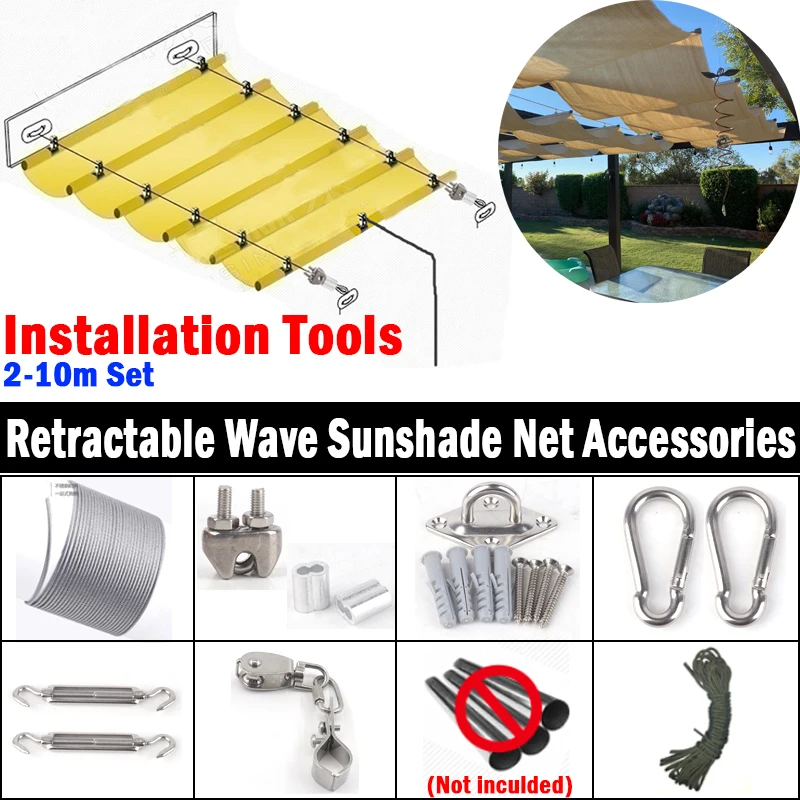 Sun Shade Net Accessories Stainless Steel Pipe Clamp Pulley Wire Rope Telescopic Wave Sunshade Nets Installation Kits With Pole