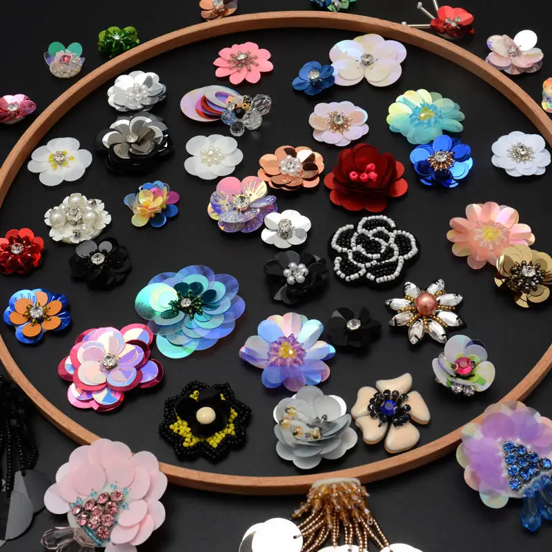 1 Piece 2-5 cm Exquisite Sequined Flowers Beaded Stamens Sew on Patch for Clothes Repair, Colorful DIY Decoration Applique