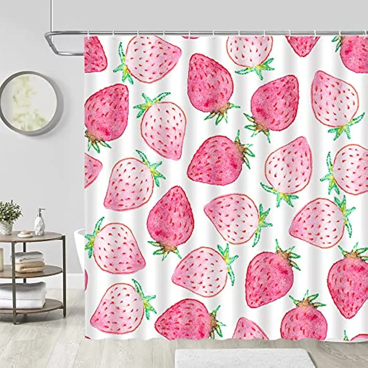 

Pink Strawberry Shower Curtain Cute Fruit Tasty Ripe Spring Summer Fruits Watercolor Print,Fabric Bathroom with Hooks Pink