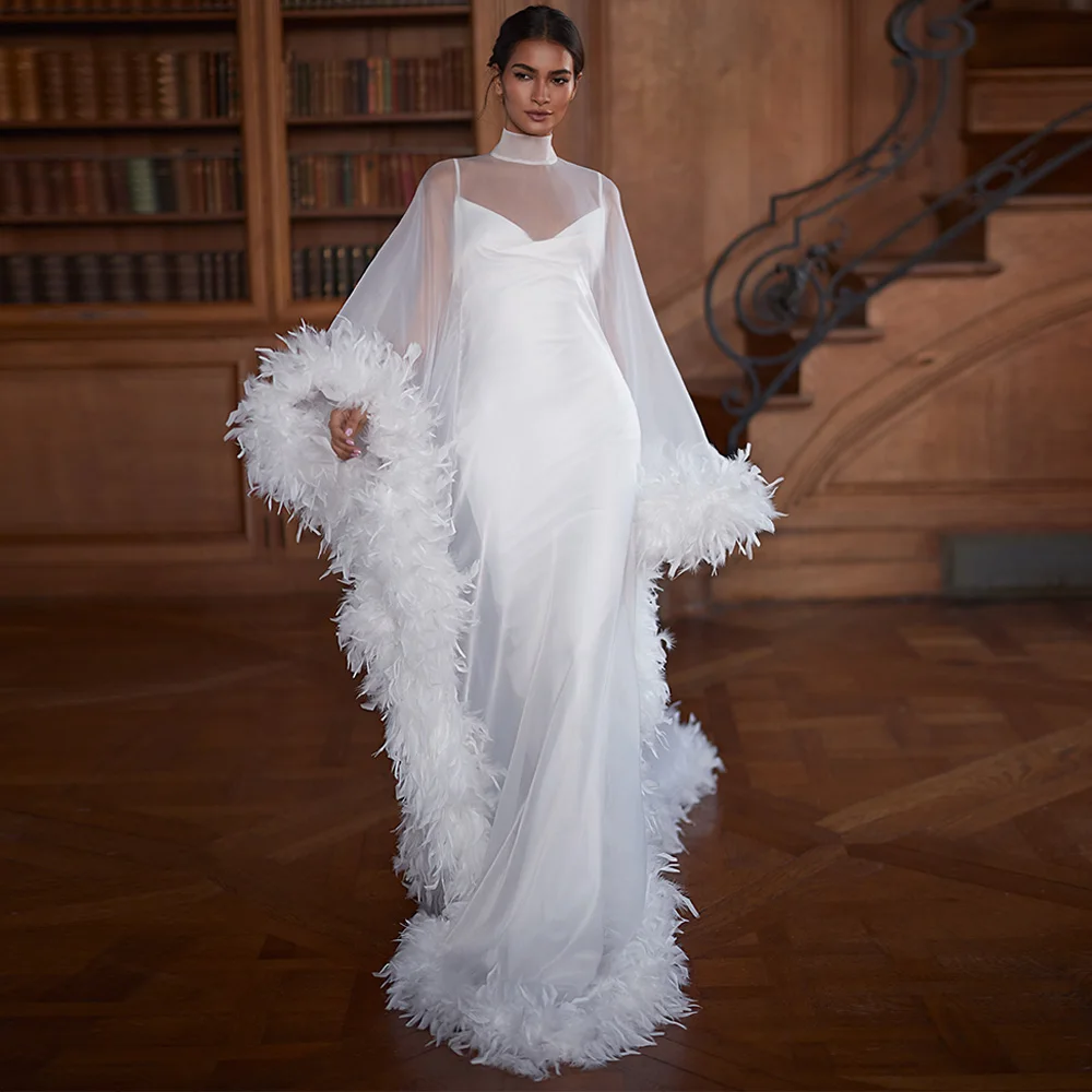 Delicate Feathers Bridal Gowns Fashion Spaghetti Straps Satin Wedding Dress with Shawl Elegant Mermaid Sleeveless Robe de mariée