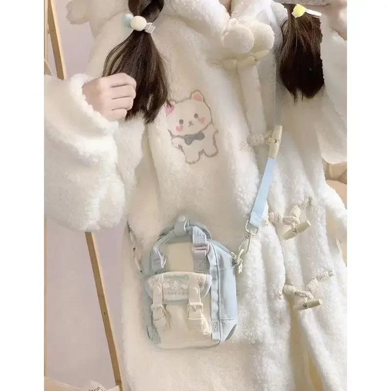 MAGOGO Winter Kawaii Embroidered Bear Wool Coat Women Loose Japanese Sweet Lolita Outwear Jacket Warm Cute Hoodies Overcoat
