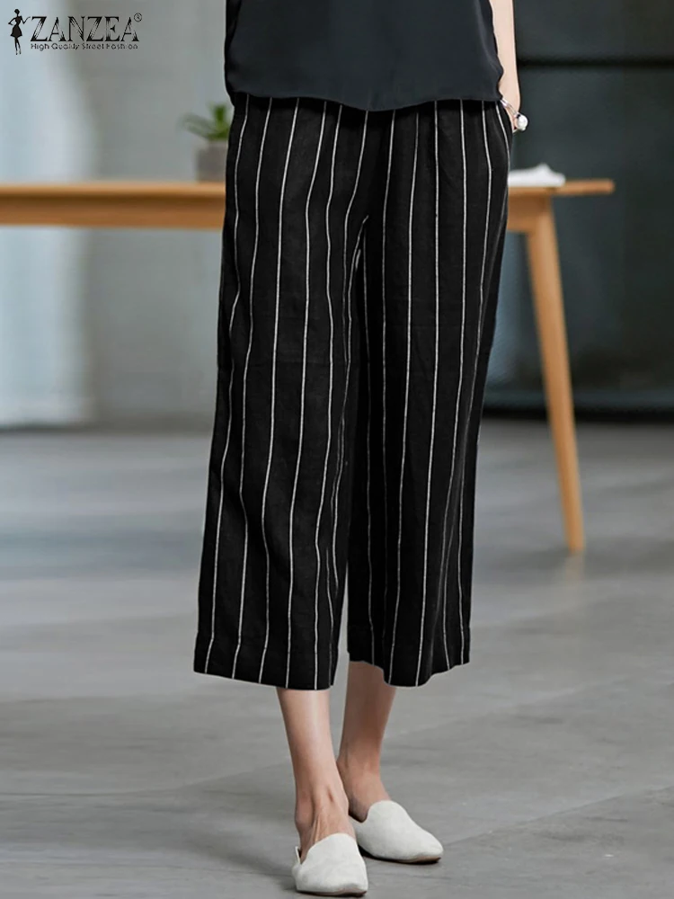 

ZANZEA Korean Casual Stripes Pants Women Summer Pocket Straight Pants 2024 Vintage Elastic Waist Work Pantalon Wide Leg Trousers