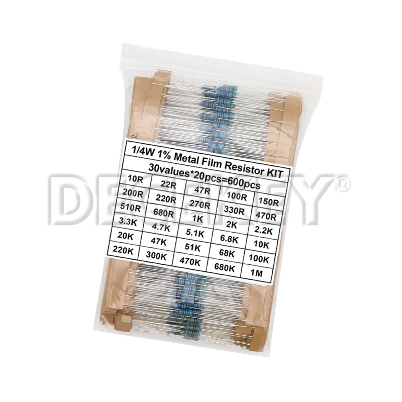 300Pcs 600Pcs 1/4W Metal Film Resistor kit set 30 Values resistors pack , 10 ohm ~1M Resistance 1% Set of resistors