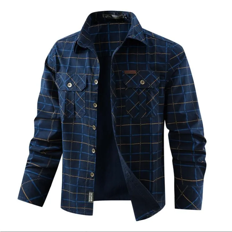 

New Spring Men Cotton Checkered Long-sleeved Cargo Shirts Male Multi-pockets Casual Tooling Shirts Quality Man Loose Shirts 5XL