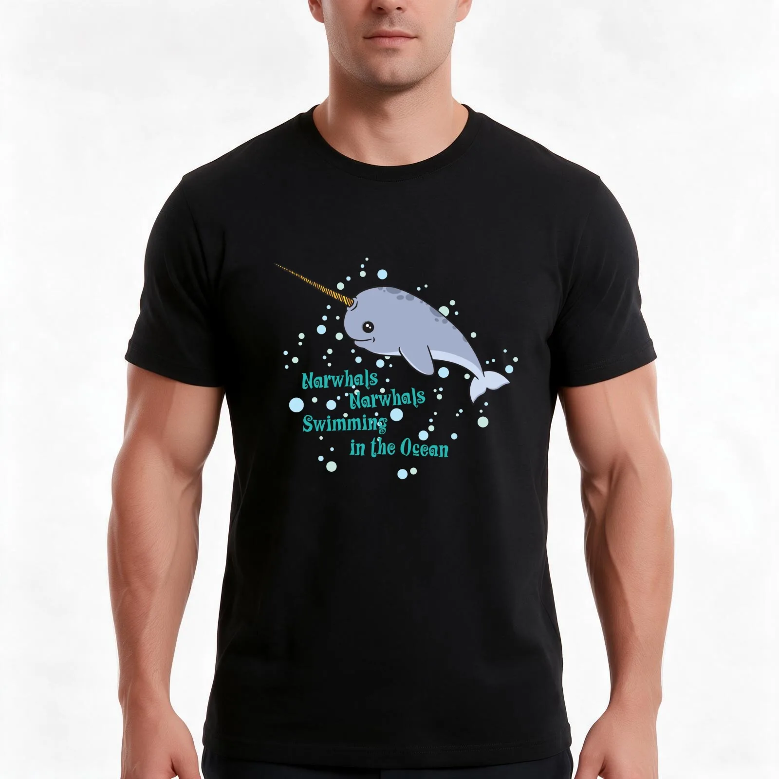 Awesome Narwhals Swimming In The Ocean T-Shirt Summer Casual Cotton Tee Oversized Streetwear Tops Vintage Graphic Print
