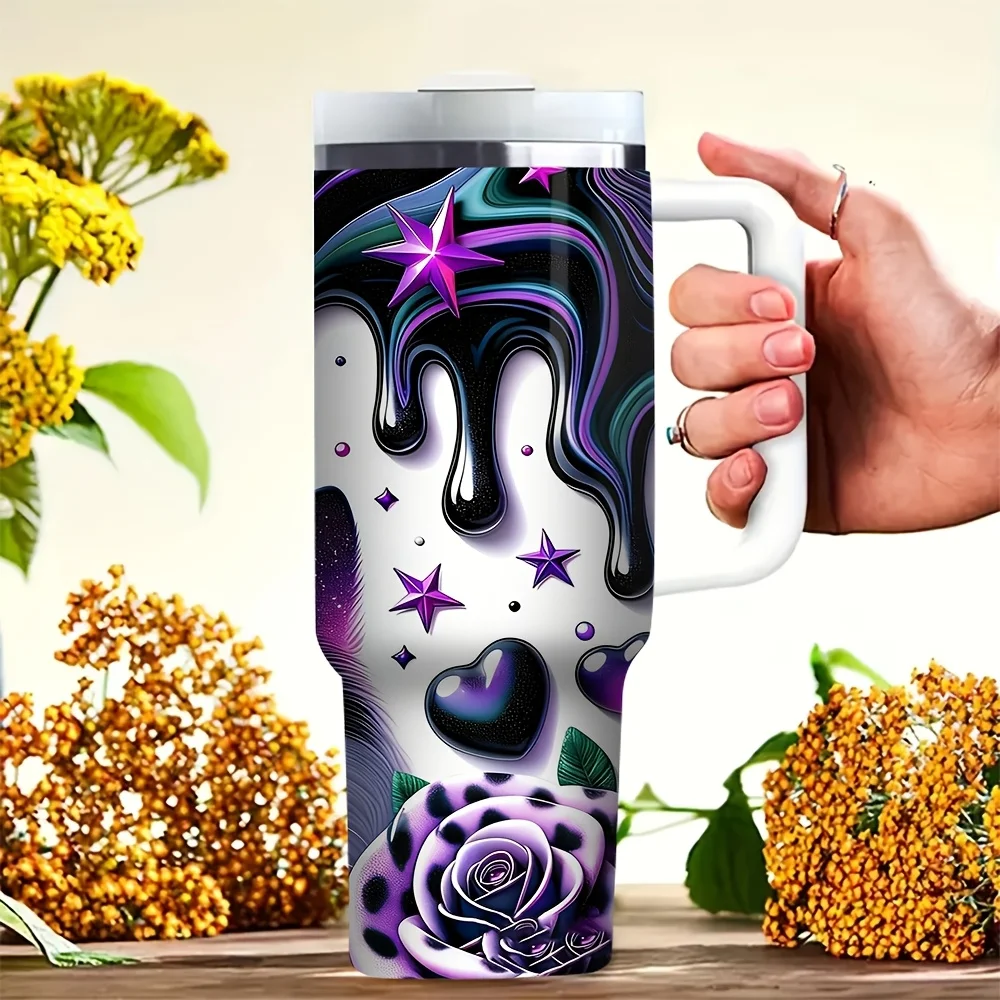 40oz Tumbler with Handle, Features Cool Purple Dripping Cat Rose Print, Suitable for Cat Lovers, Ideal for Outdoor Travel and Daily Use, Great for All Seasons, Fits Both Hot and Cold Drinks