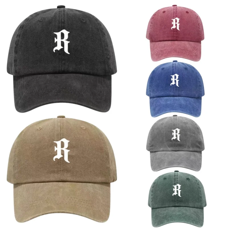 Letter R Printed Washed Cotton Adjustable Baseball Cap Classic Snapback Dad Hat Breathable Golf Fishing Outdoor Sun Cap