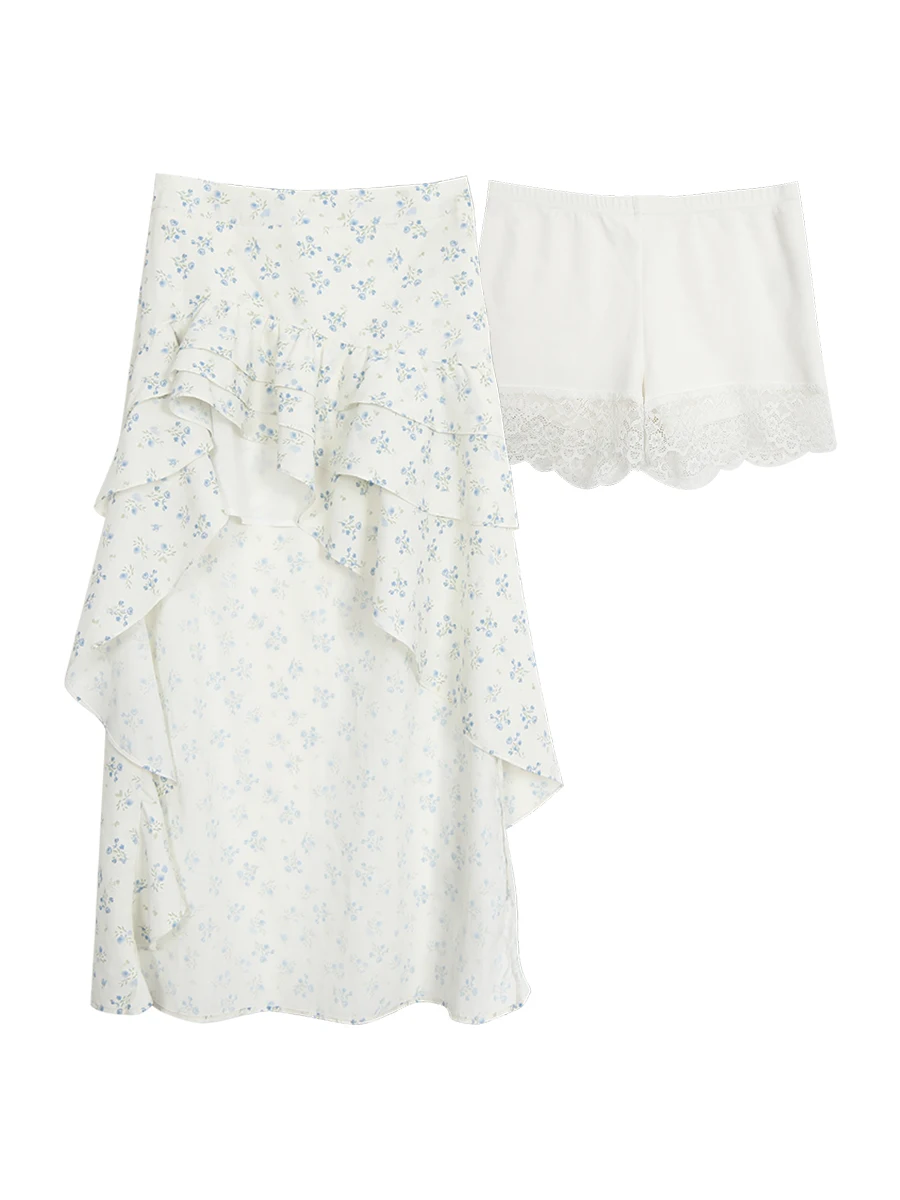 Biała spódnica damska z wysokim stanem, asymetrycznym krojem w kształcie litery A, z kwiatowym nadrukiem, nowa letnia spódnica z wysokim stanem, spódnice damskie.