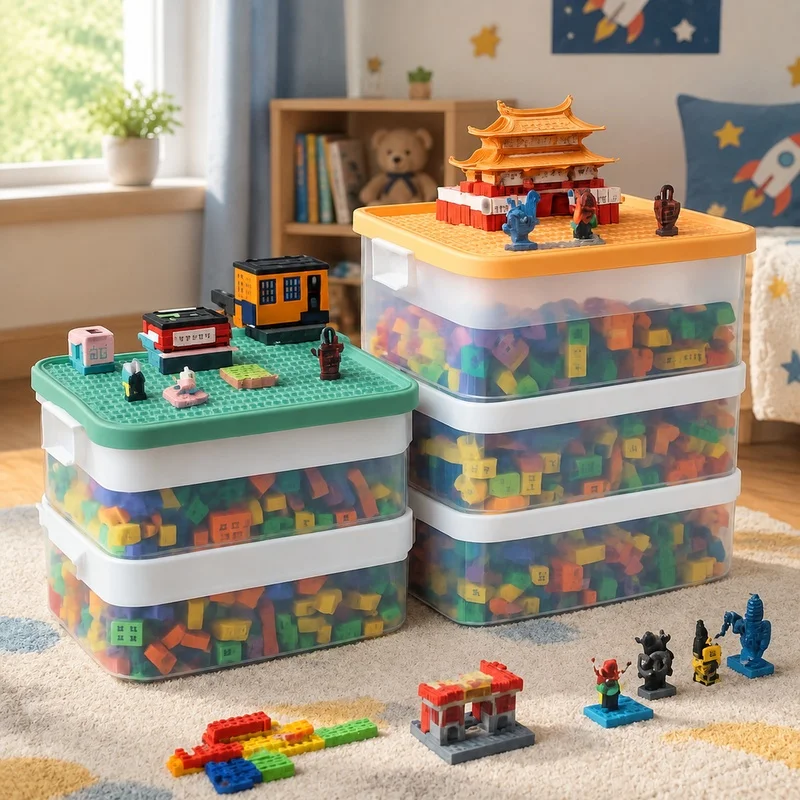 Multi-Tier Storage Container for Children's Building Blocks and Small Toys, Adjustable Compartments