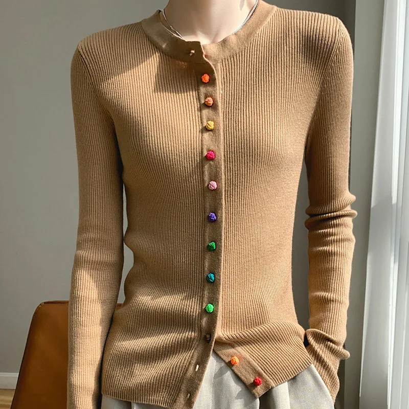 Women's 100% Merino Wool Sweater Round Collar Colorful Buckles Slim Fit Cardigan Autumn Winter Warm Jacket Casual Knit Basic Top