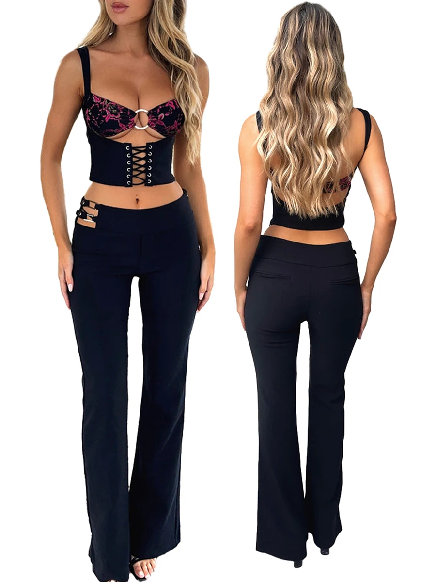 Women’s 2 Piece Casual Outfits Sleeveless Floral Cross Bandage Camisole Black Pants Sets Streetwear Sexy Elegant Versatility