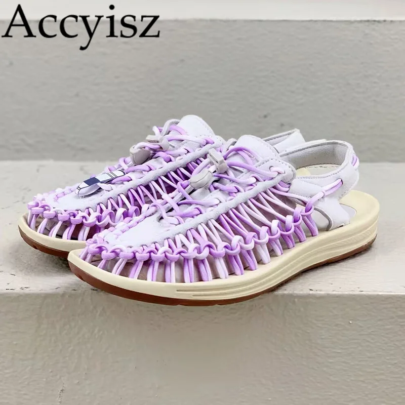 

New Weave Hollow Out Breathable Sandals Thick Sole Elastic Strap Flat Shoes Spring Autumn Vacation Lightweight Beach Shoes Unise