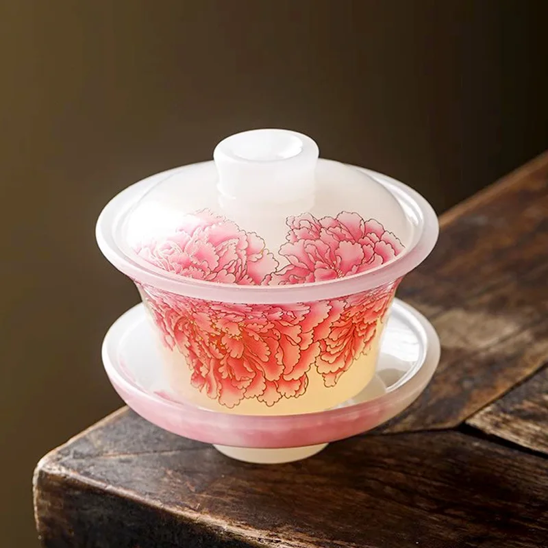 

Chinese Style Tea Cup Ice Seed Glass Powder Peony Kung Fu Tea Set Lid Bowl Heat-resistant, Light Luxury Exquisite Gift Tea Maker