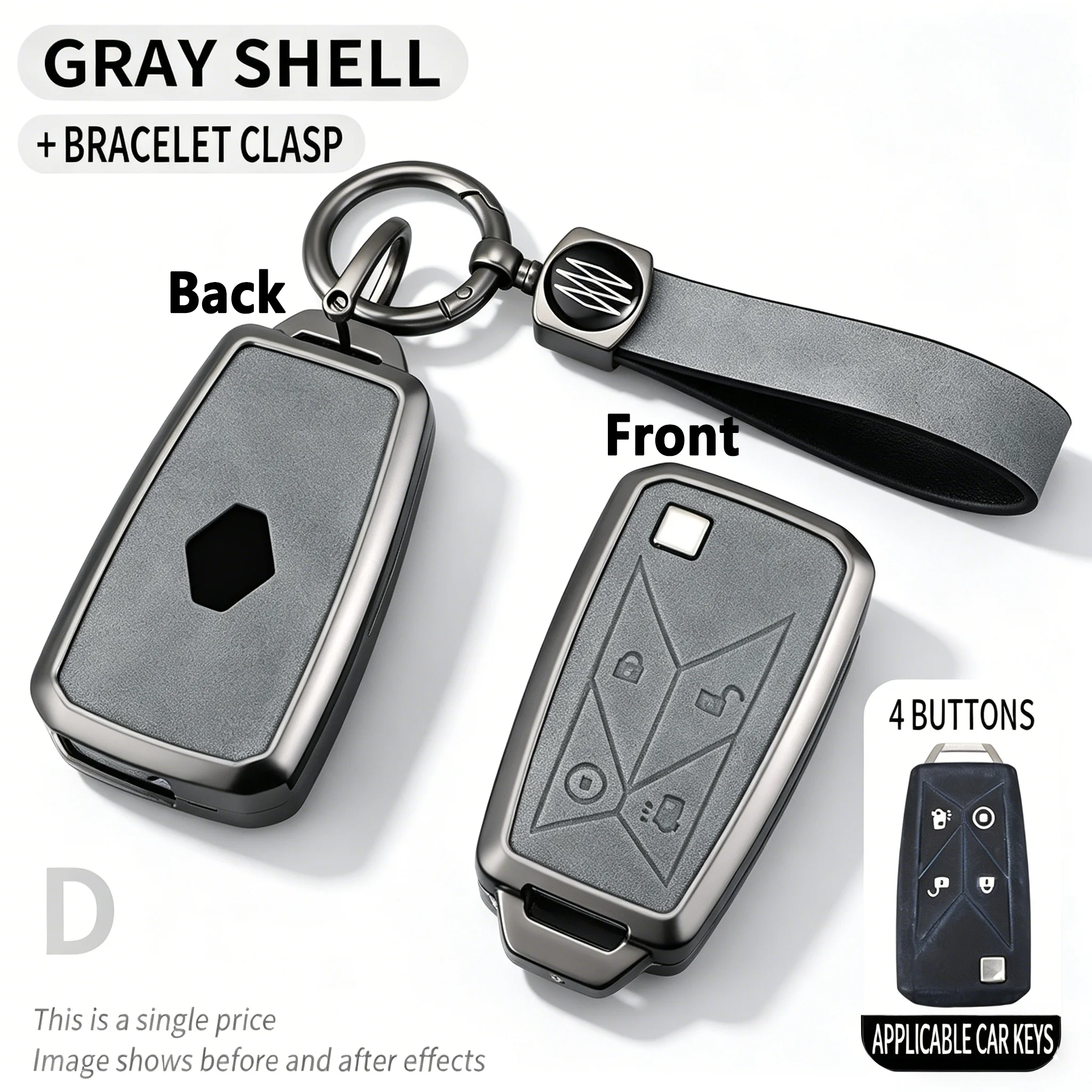 

Gray Leather Key Fob Cover for Renault Koleos Scenic Fluence Megane 3-Button Flip Key Protector with Keychain