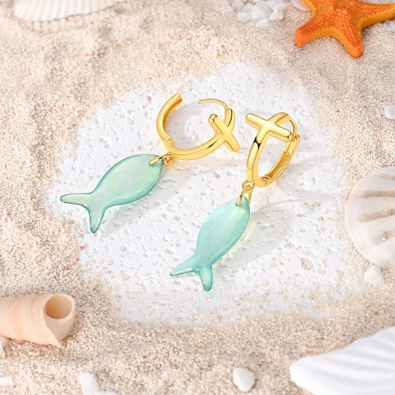 925 Sterling Silver Hoop Earrings Golden Cross Fish Shaped Shell Earrings For Women Fine Birthday Anniversary Jewelry Gifts