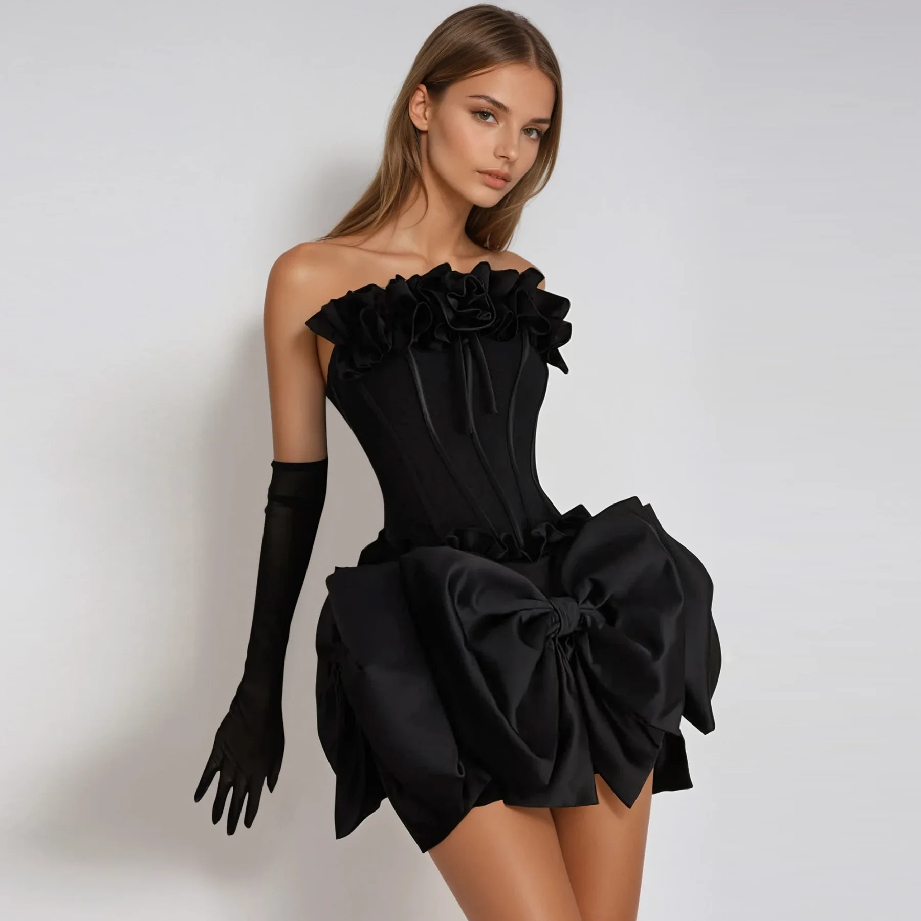 

Chic Flower Bow Little Black Mini Dress with Gloves 2026 New Corset Short Prom Party Dresses Event Gala Gown Women Formal Dress