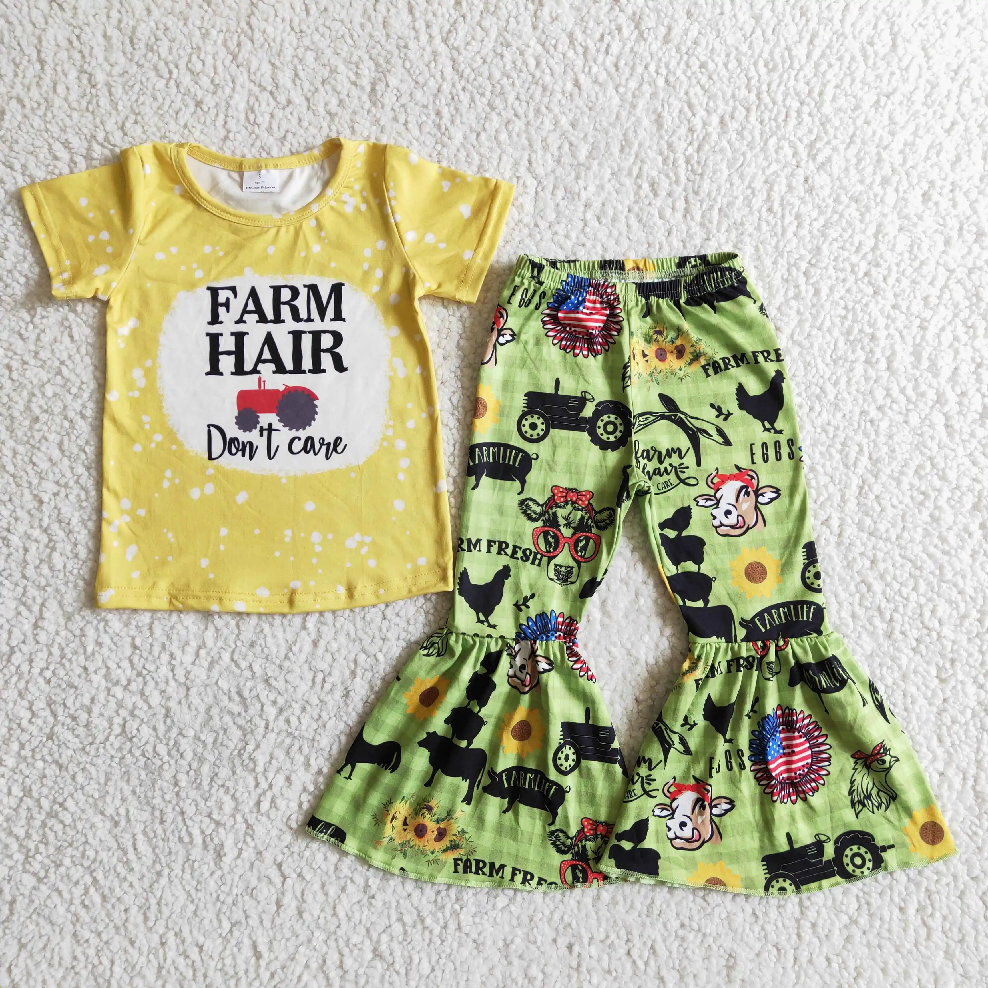 B12-28 Kids Girls Summer Outfit  Sets  Short Sleeves Top FARM HAIR Yellow Print  With Boot Cut Pant Children Clothes