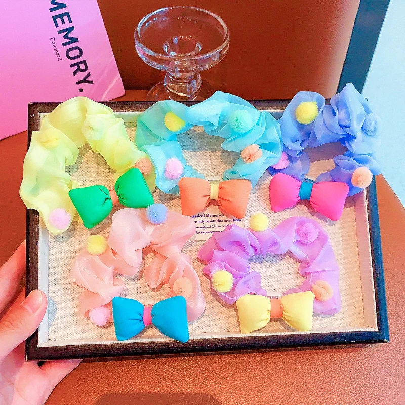 2025 New Children Solid Color Hairball Ornament Elastic Hair Bands Baby Girls Cute Lace Barrettes Hairpins Kids Hair Accessories