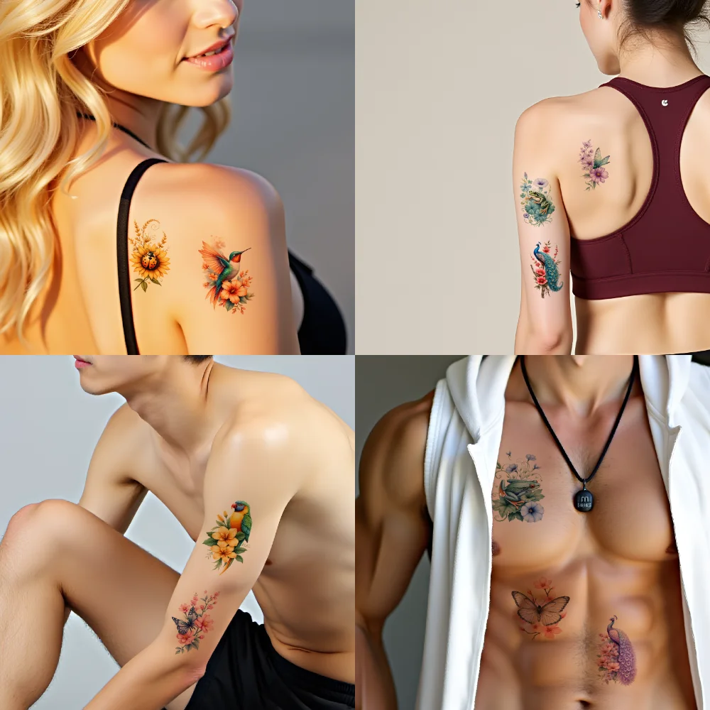 28pcs Temporary Tattoo Dragonfly Colorful Goldfish Bird With Flowers Waterproof Long-lasting Body Stickers Hummingbird For - view 4