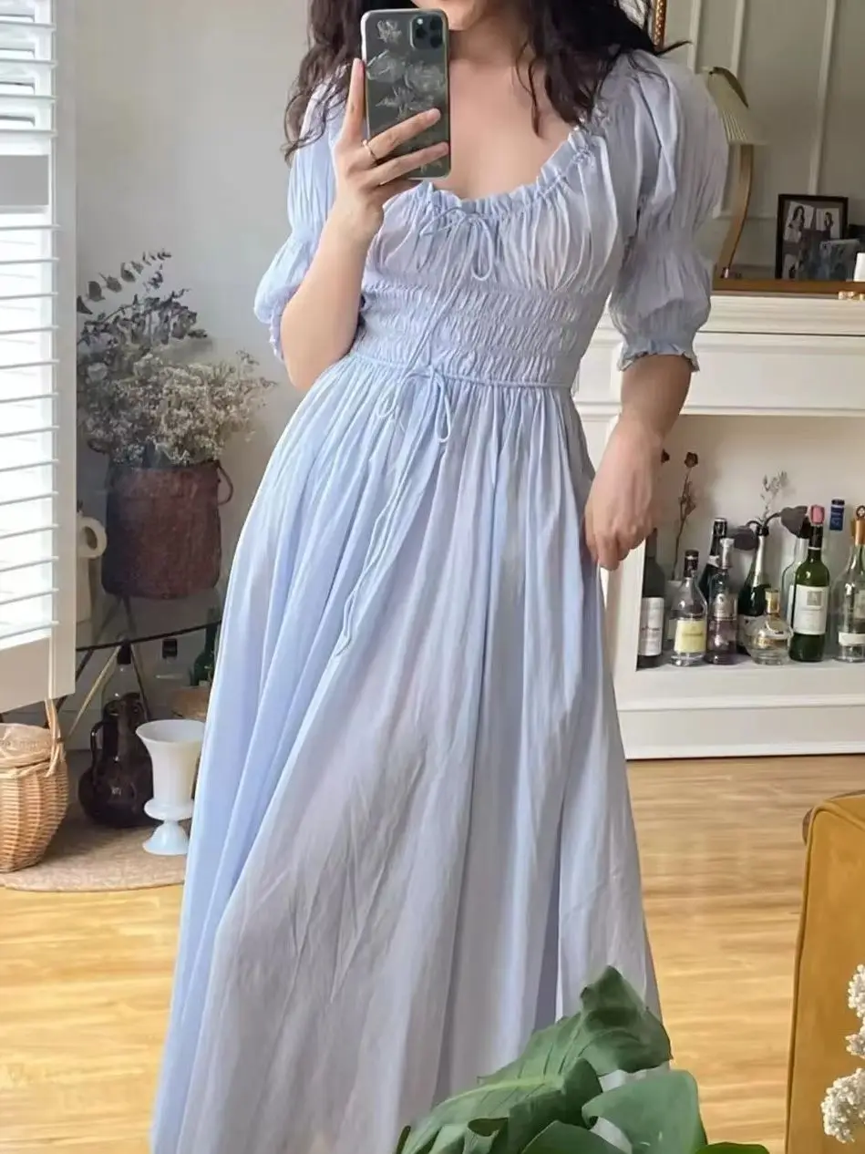 Pure Cotton Women Blue Long Dress 2026 New Ruffles Spliced Round Neck Puff Sleeve Elastic Waist Casual Loose Robe
