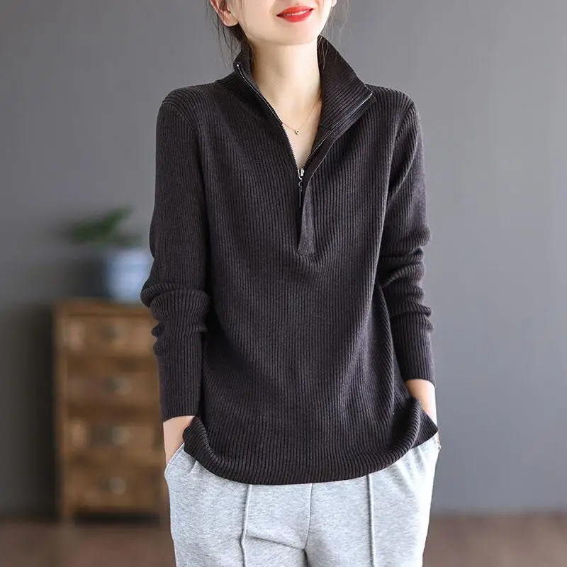 Black Gigh Neck Jerseys Zip-up Pullover Women's Sweater Turtleneck Knit Tops for Woman Warm Modern 90s Vintage New in Jersey Y2k