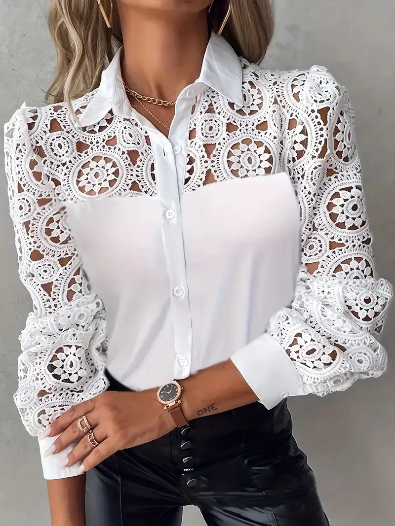 Nueva llegada Primavera y novedad de verano camisa de mujer elegante y elegante con cuello en V hueco de manga larga a la moda