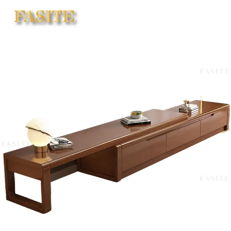 Nordic Retractable Solid Wood TV Cabinet Modern Simple Floor Storage Unit with Coffee Table Combo for Small Apartment Living