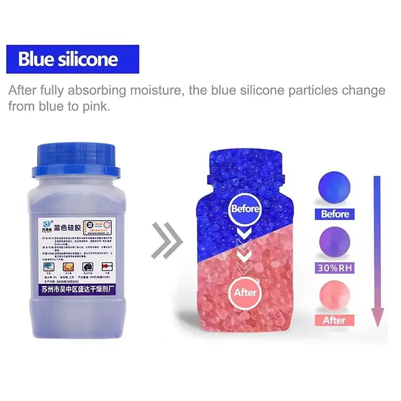 Reusable Color Changing Silica Gel Desiccant 250 500G Moisture Absorber Dehumidifier For Electronics Storage
