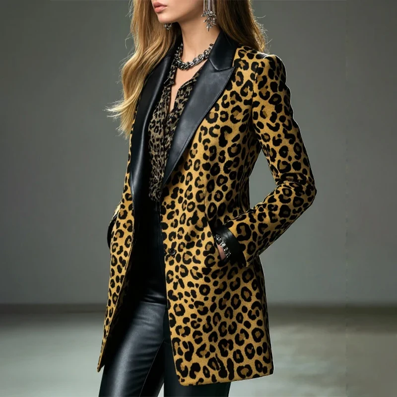 

PU Lapel Patchwork Suede Leopard Pattern Pocket Women Coat Long Sleeve Slim Fit Autumn Winter Lady Street Outwears New 2025