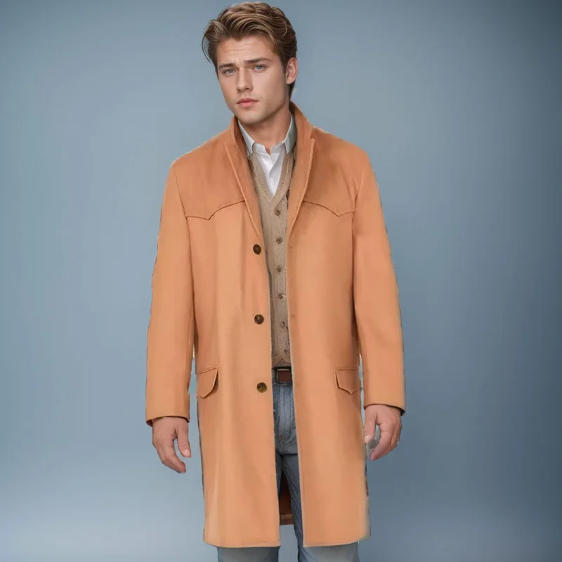 

2024New Men's Autumn and Winter Long Woolen Coat Single-Breasted Stitching Woolen Coat Solid Color Business