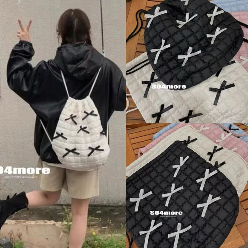 

Ballet Bow Backpack 2024 Korea New Ballet Sweet Cute Checkered Cotton Backpack Single Shoulder Bag Large Capacity Drawstring Bag