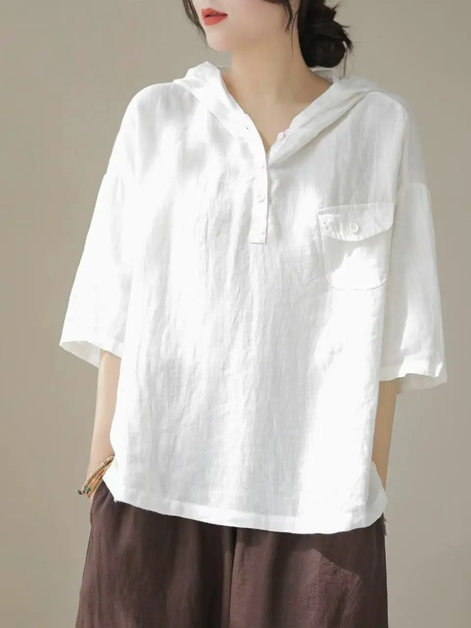 plus Size Women's Cotton Linen T-Shirt Summer Thin Loose Belly Covering Slimming Five-Quarter Sleeve Casual Top