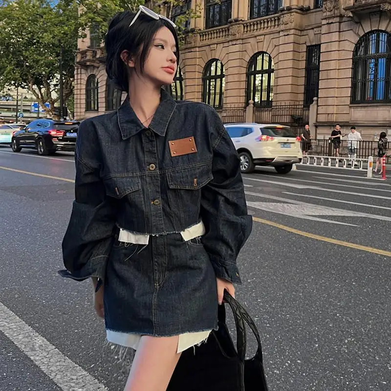 Spring/summer Retro Street Style High Waist A-Line Short Skirt Denim Short Jacket Casual Two Piece Set