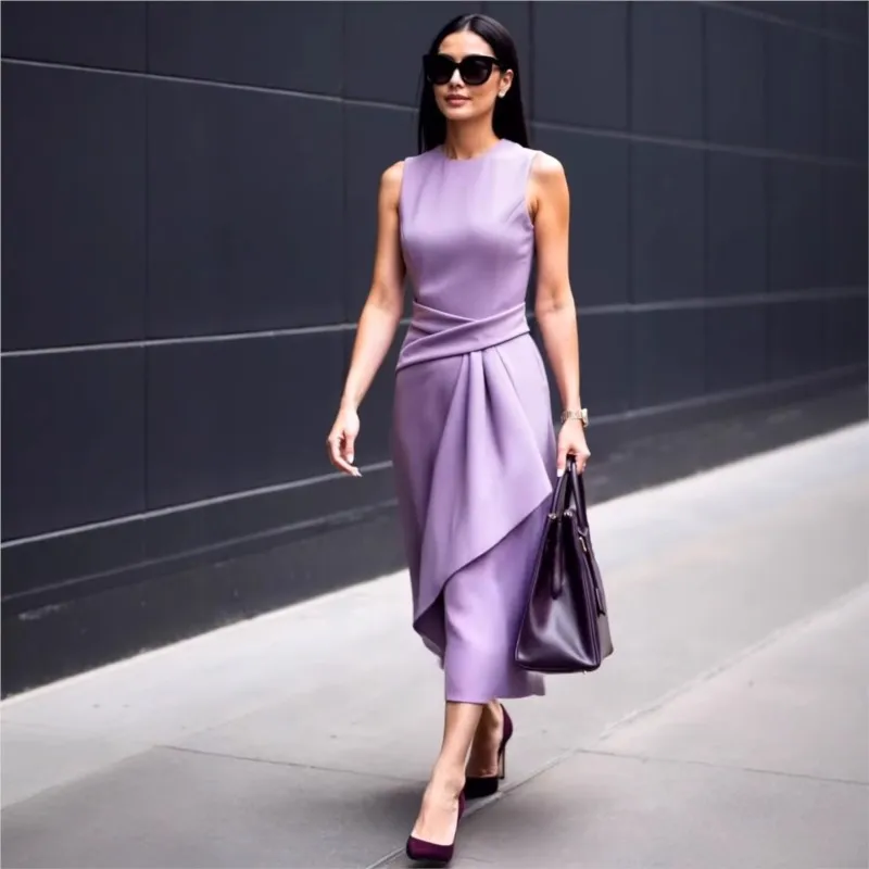 2025 Summer New Fashion Women's Dress Solid Color Waisted Sleeveless Asymmetrical Long Dresses Temperament Office Ladies Commute