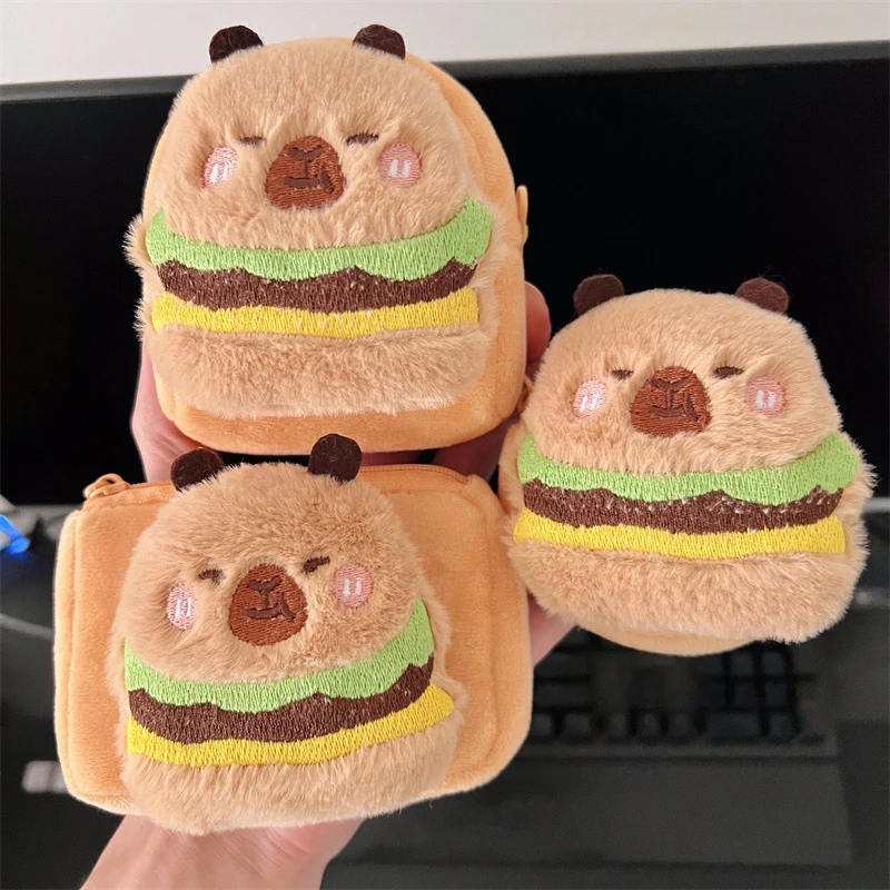 【Happy-Day】 Portamonete in peluche con capibara di Amburgo dei cartoni animati Simpatico sacchetto per il cambio dei soldi Mini sacchetto di immagazzinaggio per auricolari in peluche con portachiavi