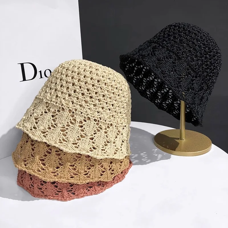Women Hollow Woven Straw Bucket Hat Breathable Sun Protection Summer Face Cover Cap