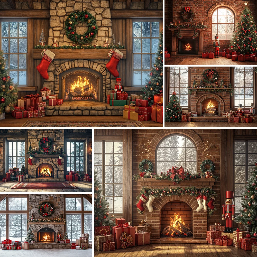 

Christmas Backdrop Fireplace Gifts Snow Kid Tree Brick Wall Background Photography Shooting Home Room Decoration Studio