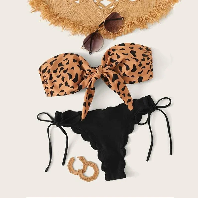 Beach Bikini 2024 Woman Sexy Front Lace Up Tie Strapless Leopard Swimsuit Female Push Up Ruffled Bow Bathing Suit Thong Swimwear