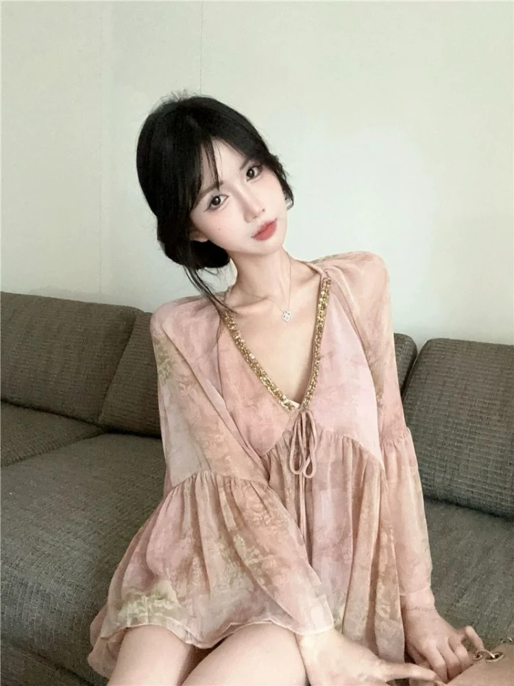 

Women Summer Chiffon Blouse Pink Floral Print V Neck Top With Sequins Elegant Flare Sleeve Shirt Lightweight Casual Party Wear