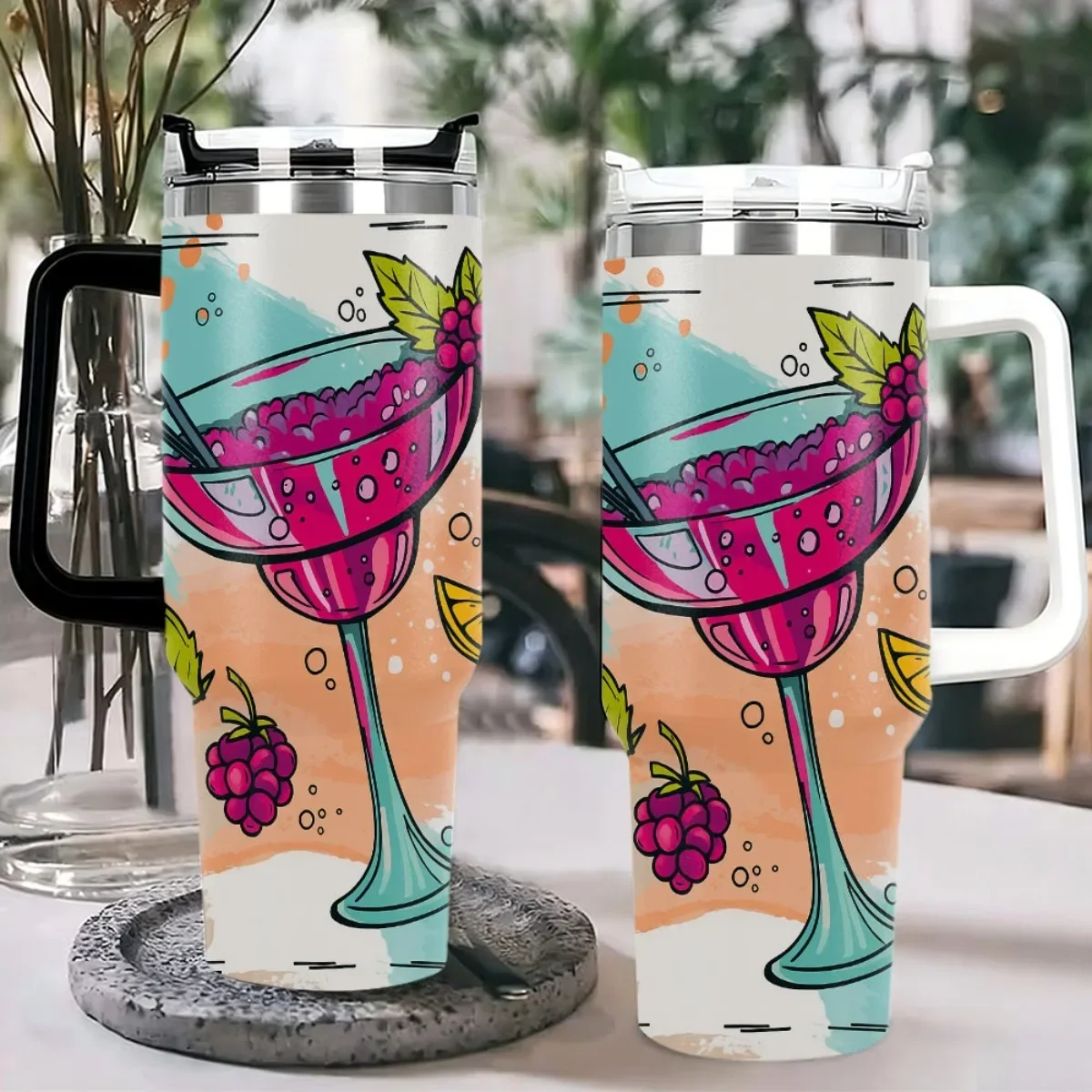 1pc 40oz Stainless Steel Tumbler with Straw - Vibrant Drinkware Featuring Pink Cocktail Lemons & Berries Design Ideal for Hot & Cold Beverages Perfect for Home Travel and Outdoor Use Travel