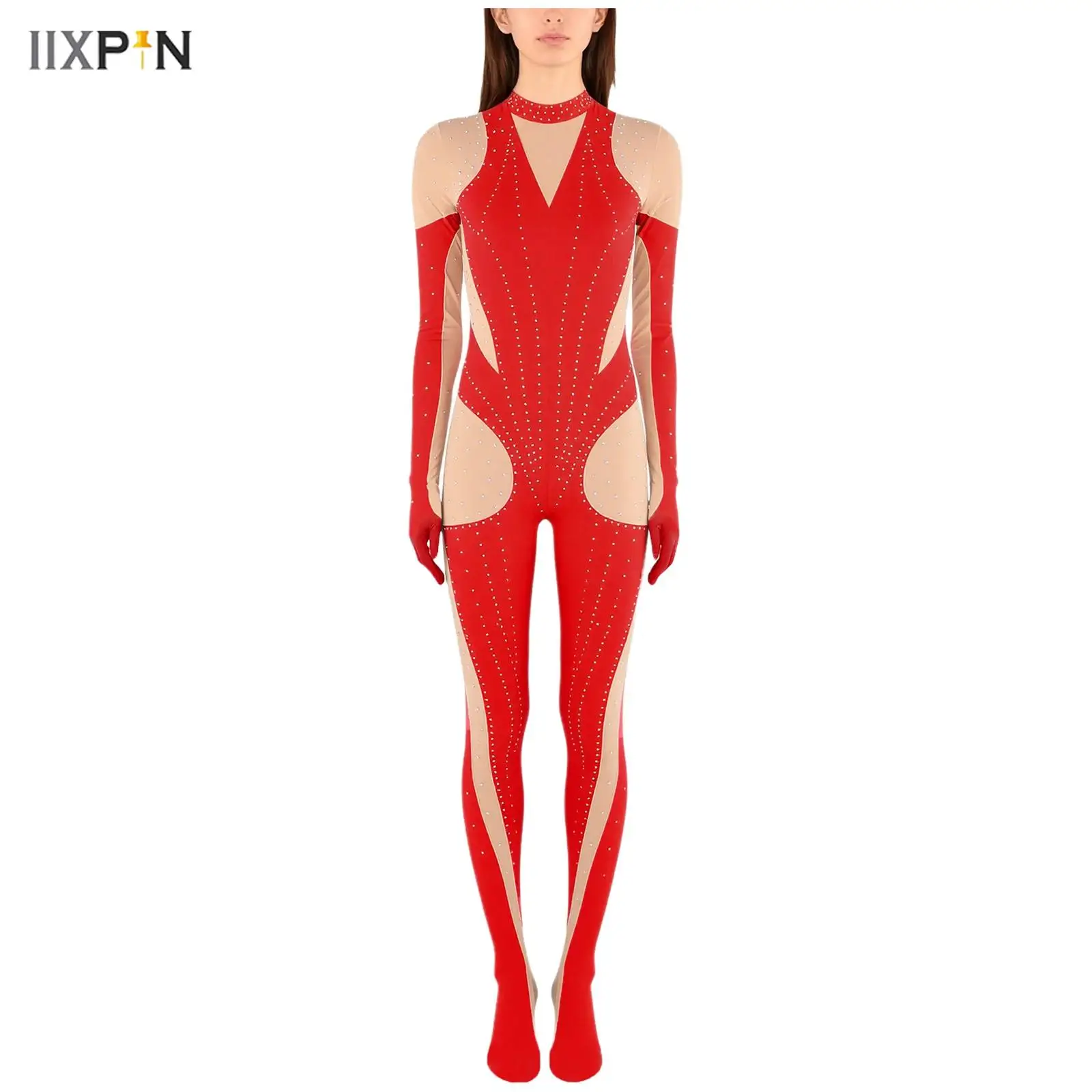 

Womens Gymnastics Jumpsuit Shiny Rhinestone Full-body Unitard Gloved Sleeves Footed Contrast Color Bodysuit for Figure Skating