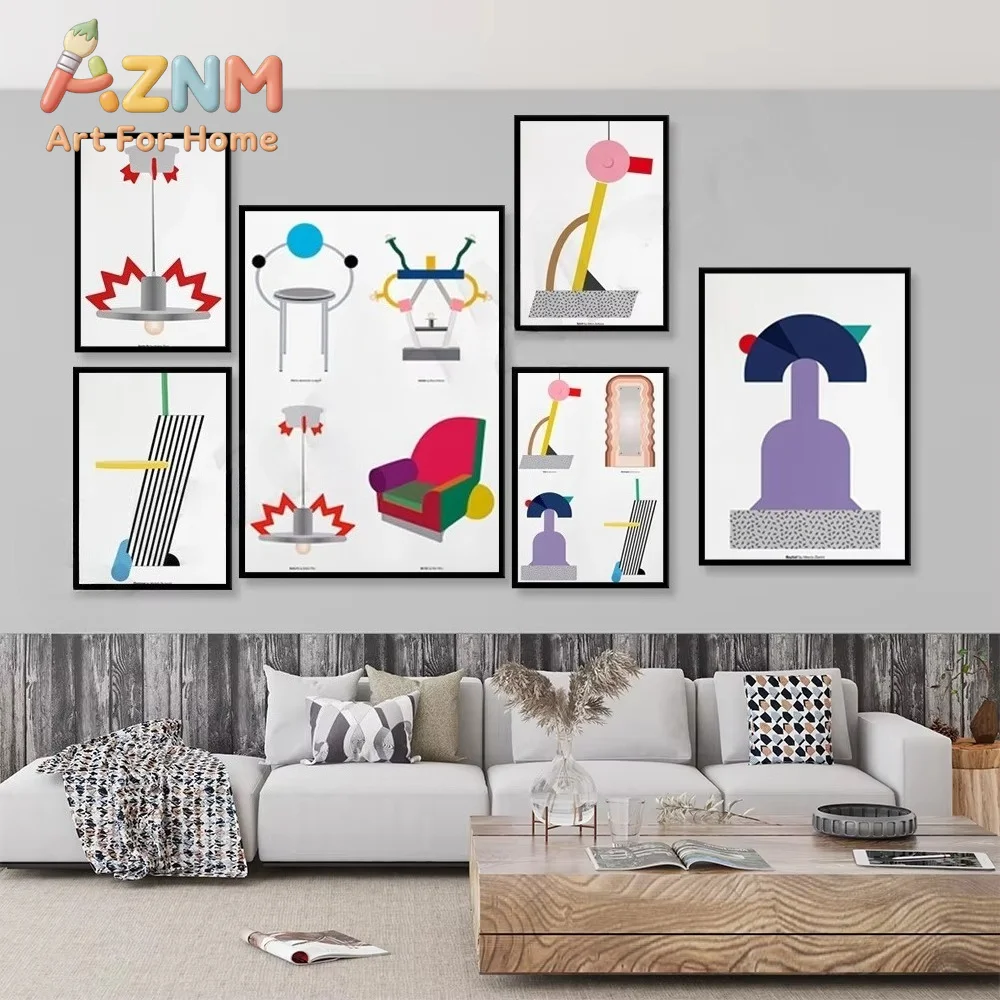 AZNM Memphis Style Canvas Wall Art, Colorful Geometric Furniture Abstract Shape Print, Modern Room Wall Decor Poster