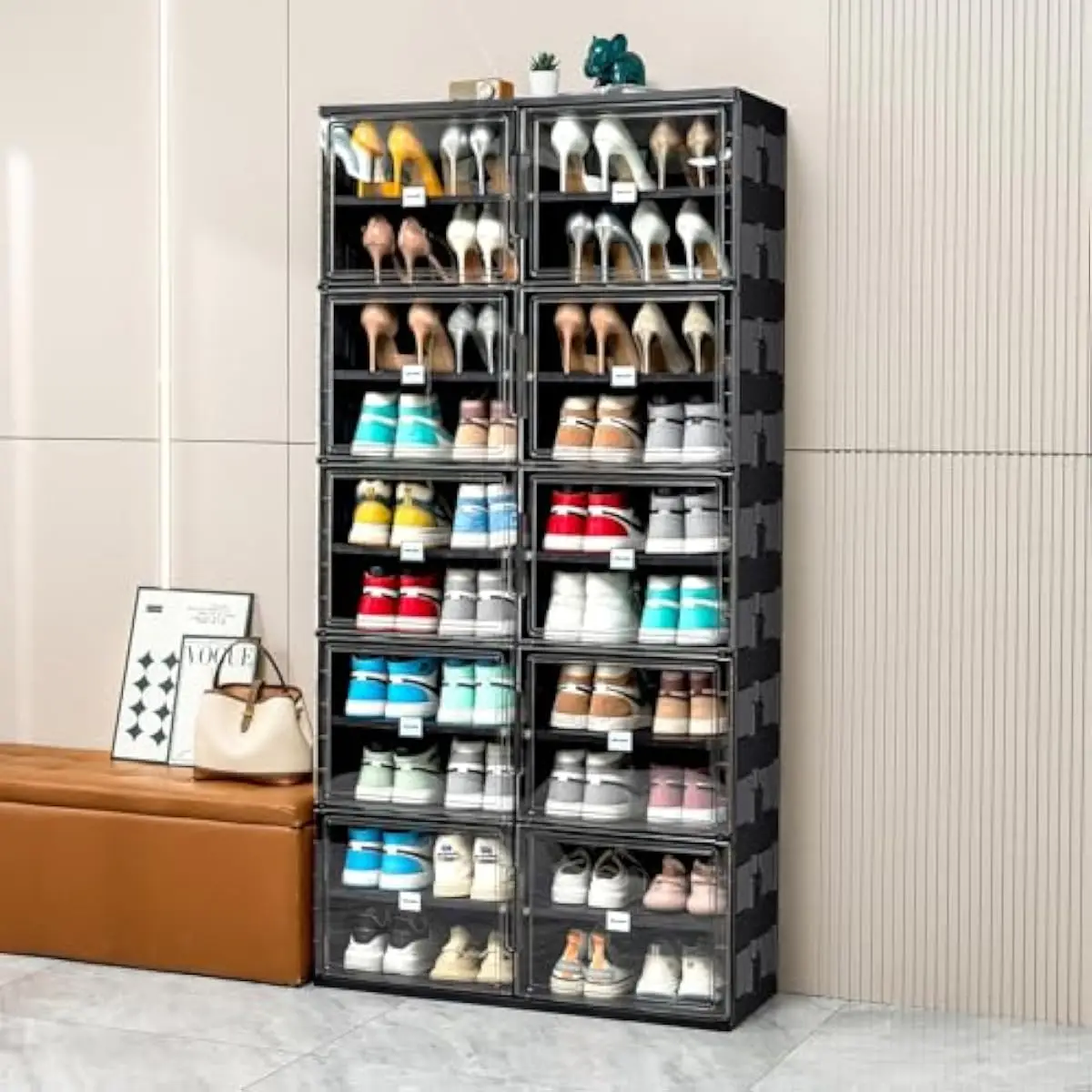 10-Level Collapsible Shoe Storage Unit with Transparent Magnetic Doors for Closet or Entryway Use | Lightweight PET-PP Construct