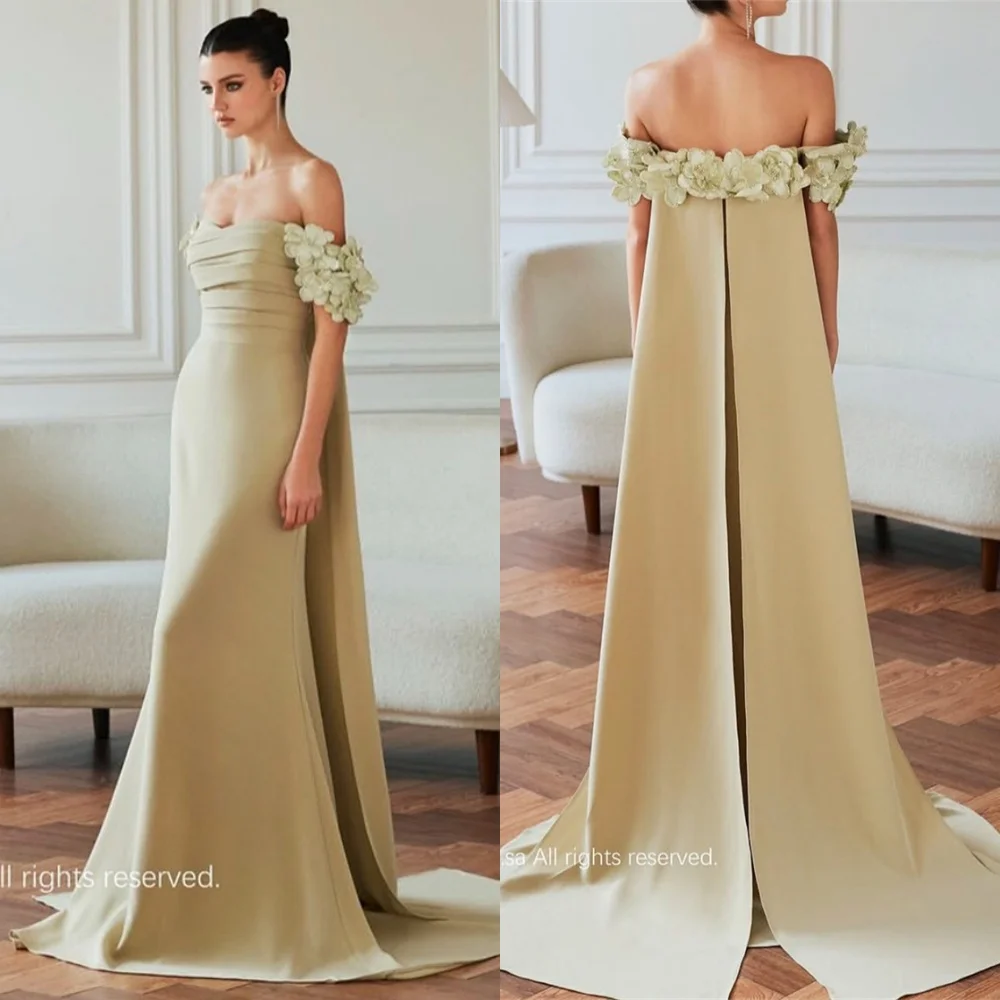 Customized High Quality Green Jersey Evening Dress Delicate Strapless Cap Sleeve Homecoming Dress Exquisite Celebrity Gowns